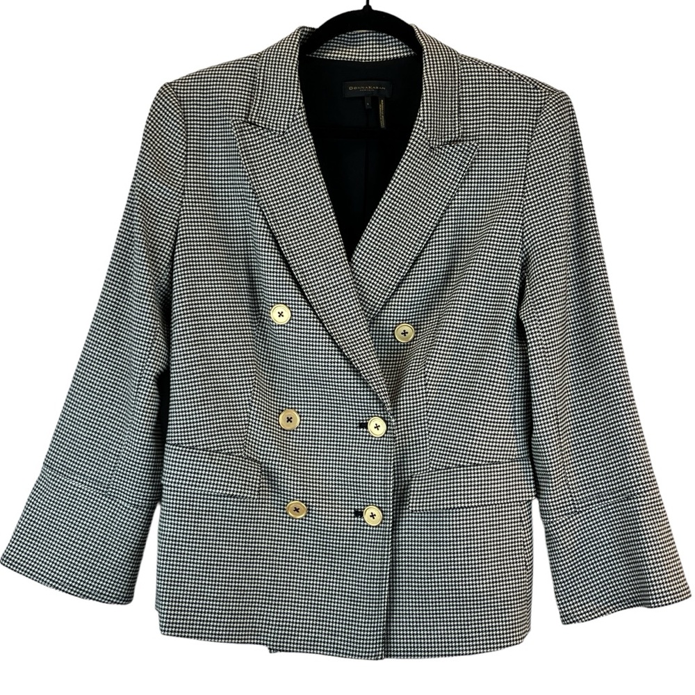 DONNA KARAN New York Blazer Houndstooth Double Breasted Black White Pockets Sz S
